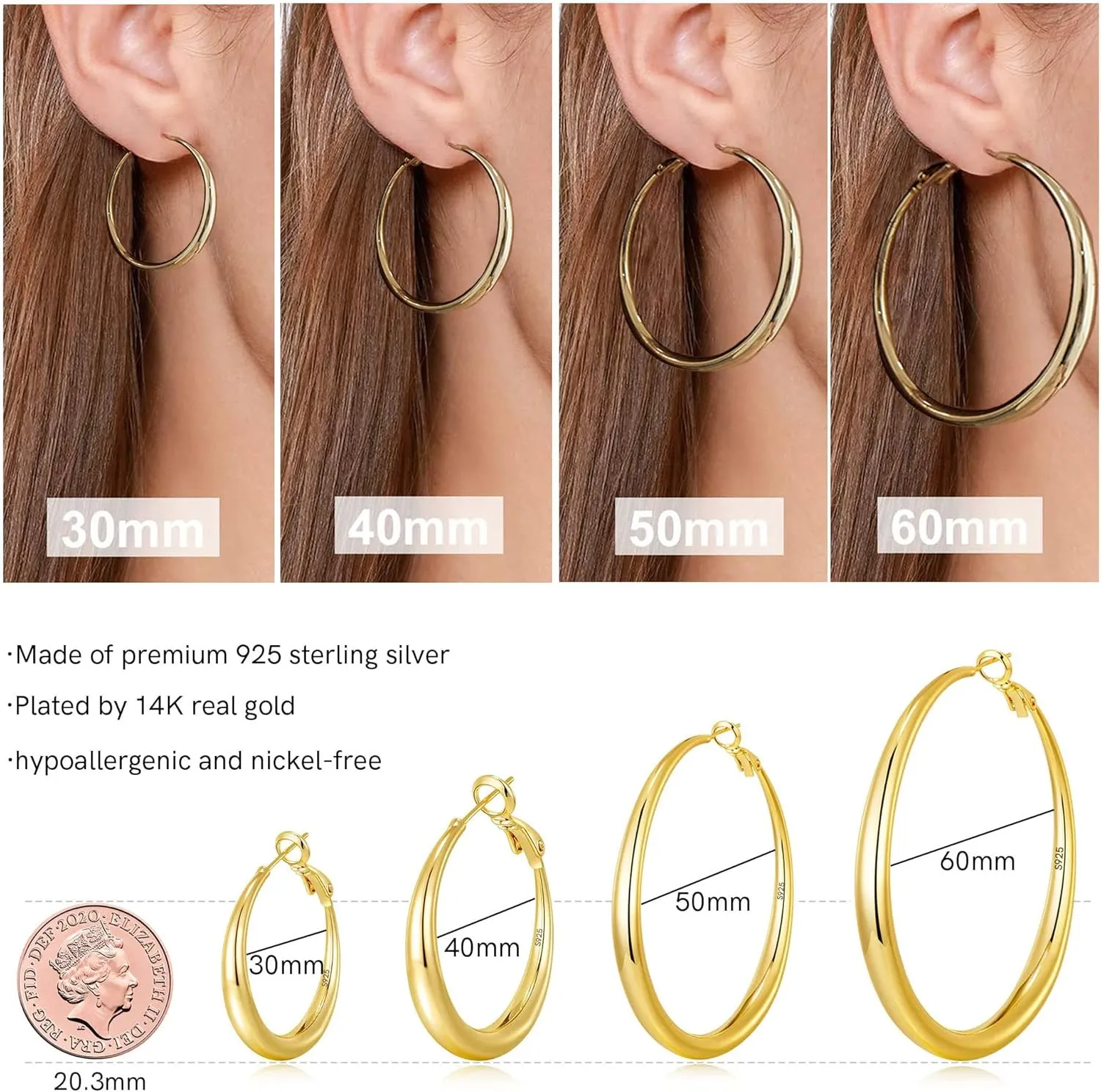 EXGOX Sterling Silver Hoop Earrings - Hypoallergenic, Lightweight, Chunky, 14K Real Gold Plated, Big Large Hoops for Women