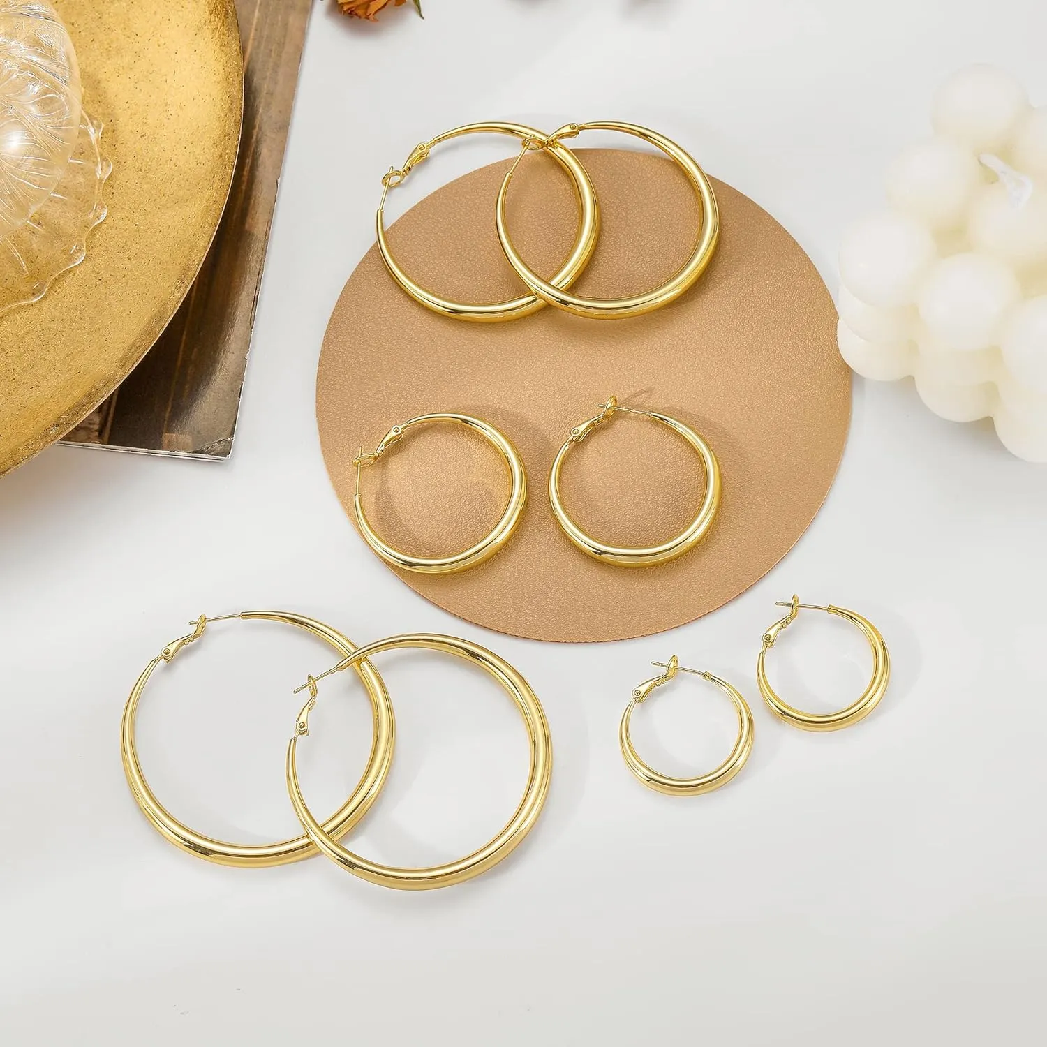 EXGOX Sterling Silver Hoop Earrings - Hypoallergenic, Lightweight, Chunky, 14K Real Gold Plated, Big Large Hoops for Women
