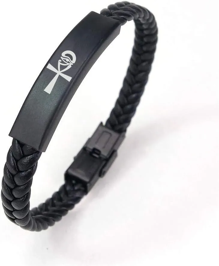 Eye of Horus Ankh Bracelet-Egyptian Braided Leather Bracelets for Men Women Egypt Cross Protection Jewelry,Black