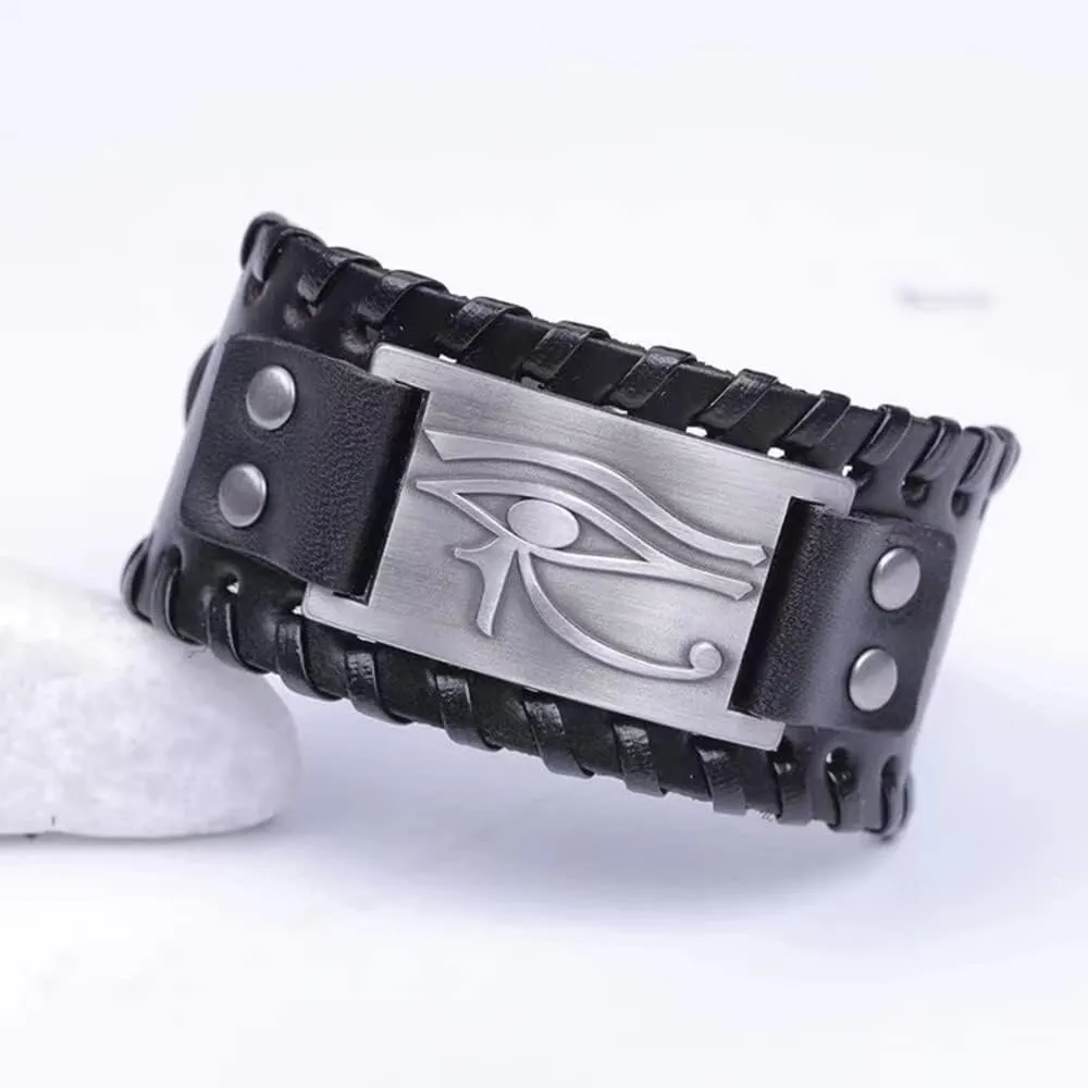 Eye of Horus Leather Bracelet, 2 PCS Leather Cuff Wristband with Egyptian Amulet
