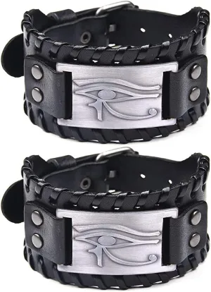 Eye of Horus Leather Bracelet, 2 PCS Leather Cuff Wristband with Egyptian Amulet