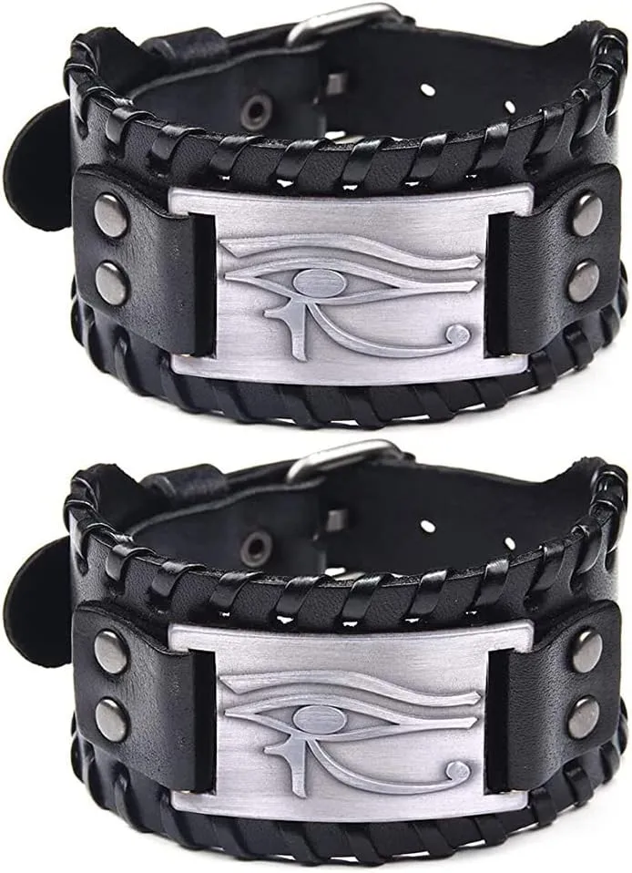 Eye of Horus Leather Bracelet, 2 PCS Leather Cuff Wristband with Egyptian Amulet
