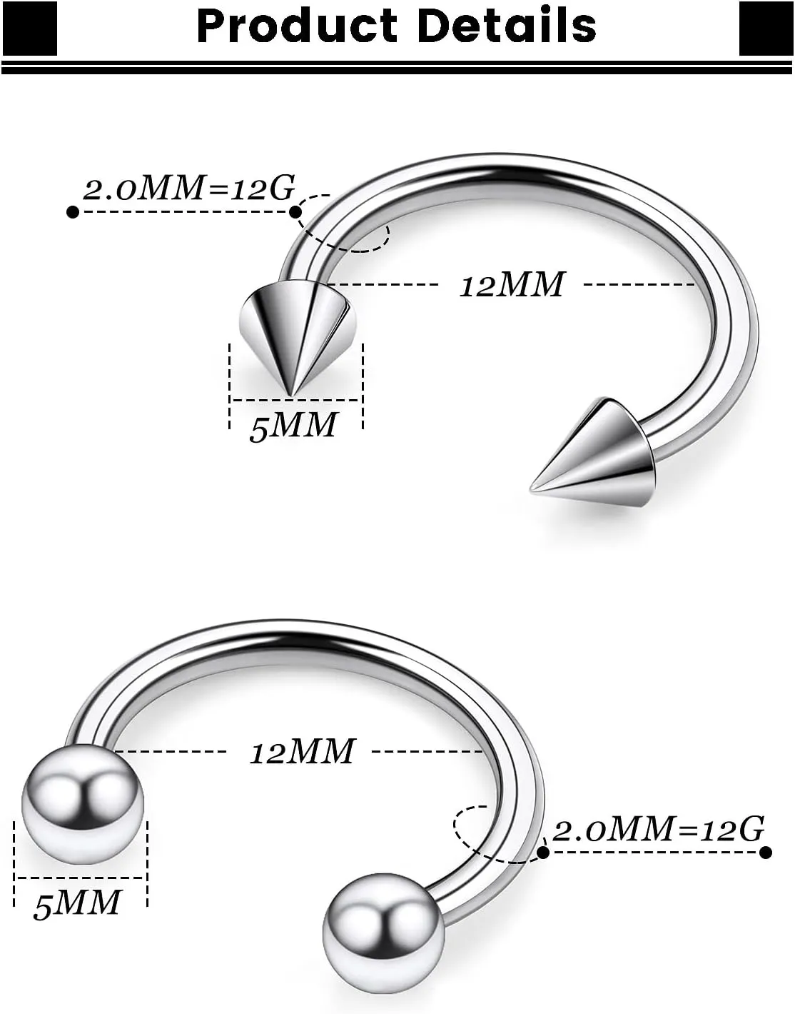 F136 Titanium 16/14/12/8/4/2g Septum Ring Gauge Earrings Lip Rings Prince Albert Jewelry Internally Threaded Horseshoe Hoop Piercings