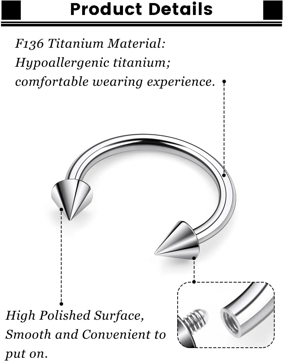 F136 Titanium 16/14/12/8/4/2g Septum Ring Gauge Earrings Lip Rings Prince Albert Jewelry Internally Threaded Horseshoe Hoop Piercings
