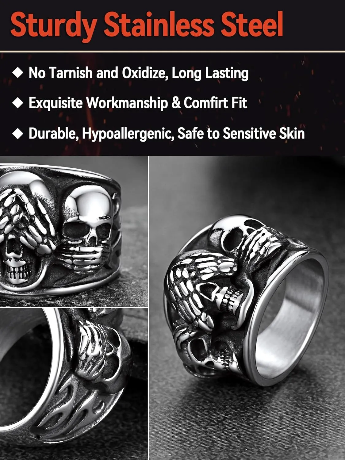 FaithHeart Skull Rings for Men Gothic Punk Stainless Steel Band Rings Biker Skeleton Thumb Ring Cocktail Party Jewelry with Gift Box