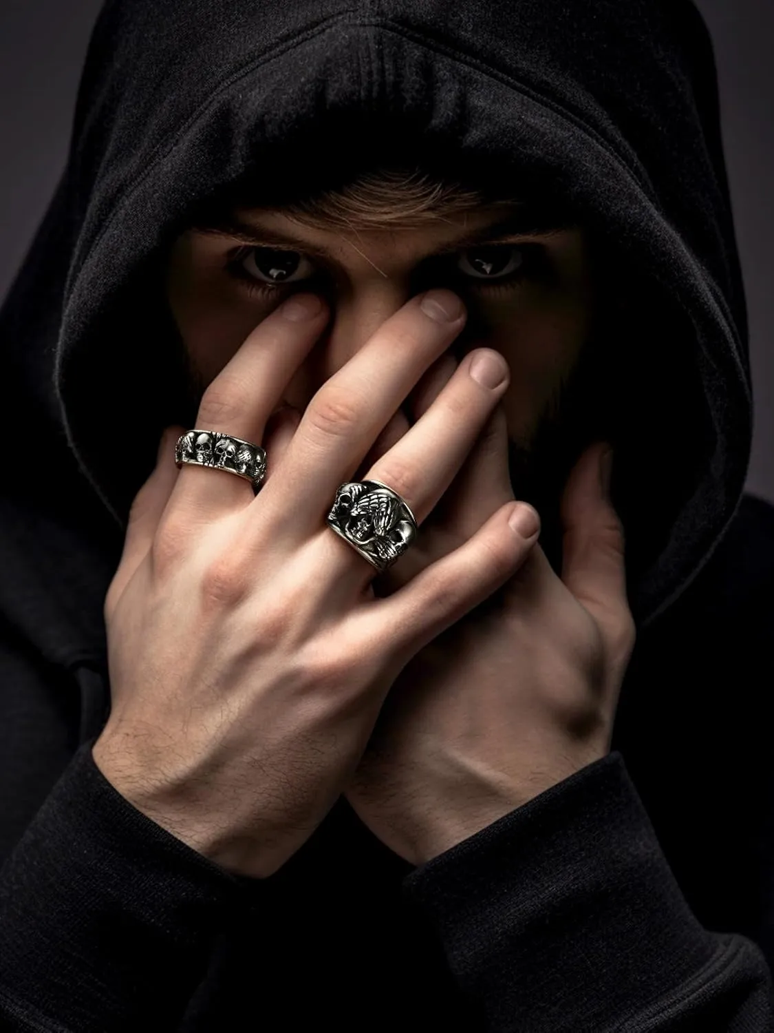 FaithHeart Skull Rings for Men Gothic Punk Stainless Steel Band Rings Biker Skeleton Thumb Ring Cocktail Party Jewelry with Gift Box