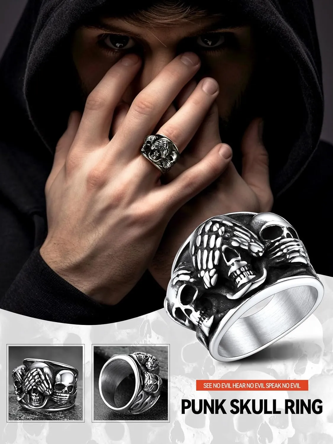 FaithHeart Skull Rings for Men Gothic Punk Stainless Steel Band Rings Biker Skeleton Thumb Ring Cocktail Party Jewelry with Gift Box