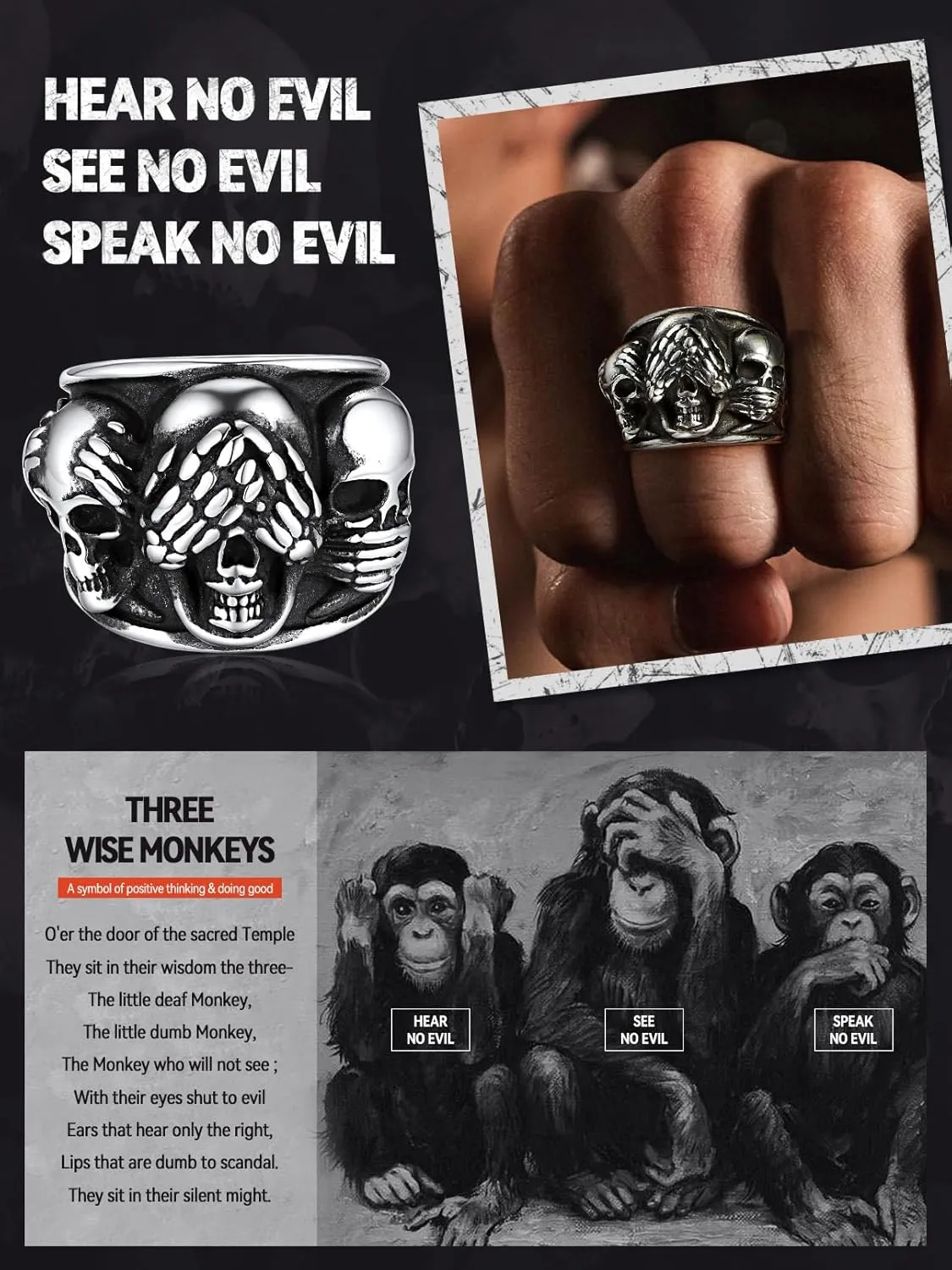 FaithHeart Skull Rings for Men Gothic Punk Stainless Steel Band Rings Biker Skeleton Thumb Ring Cocktail Party Jewelry with Gift Box