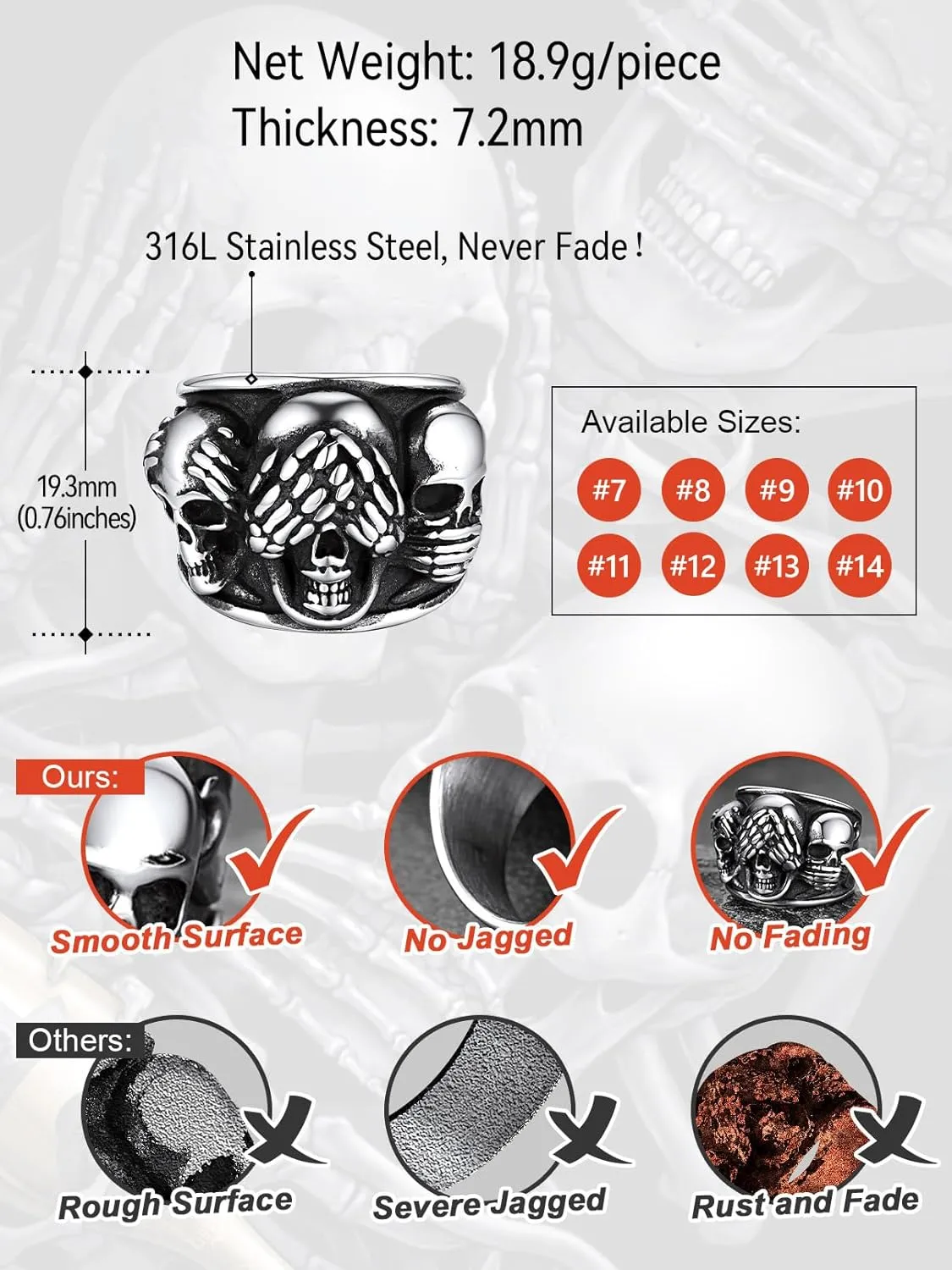 FaithHeart Skull Rings for Men Gothic Punk Stainless Steel Band Rings Biker Skeleton Thumb Ring Cocktail Party Jewelry with Gift Box