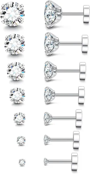 Fansilver 20G Hypoallergenic Flat Back Earrings for Women Men Silver 14K Gold Stainless Steel Stud Earrings Brithstone Cubic Zirconia Studs Surgical Steel Cartilage Earrings for Sensitive Ears