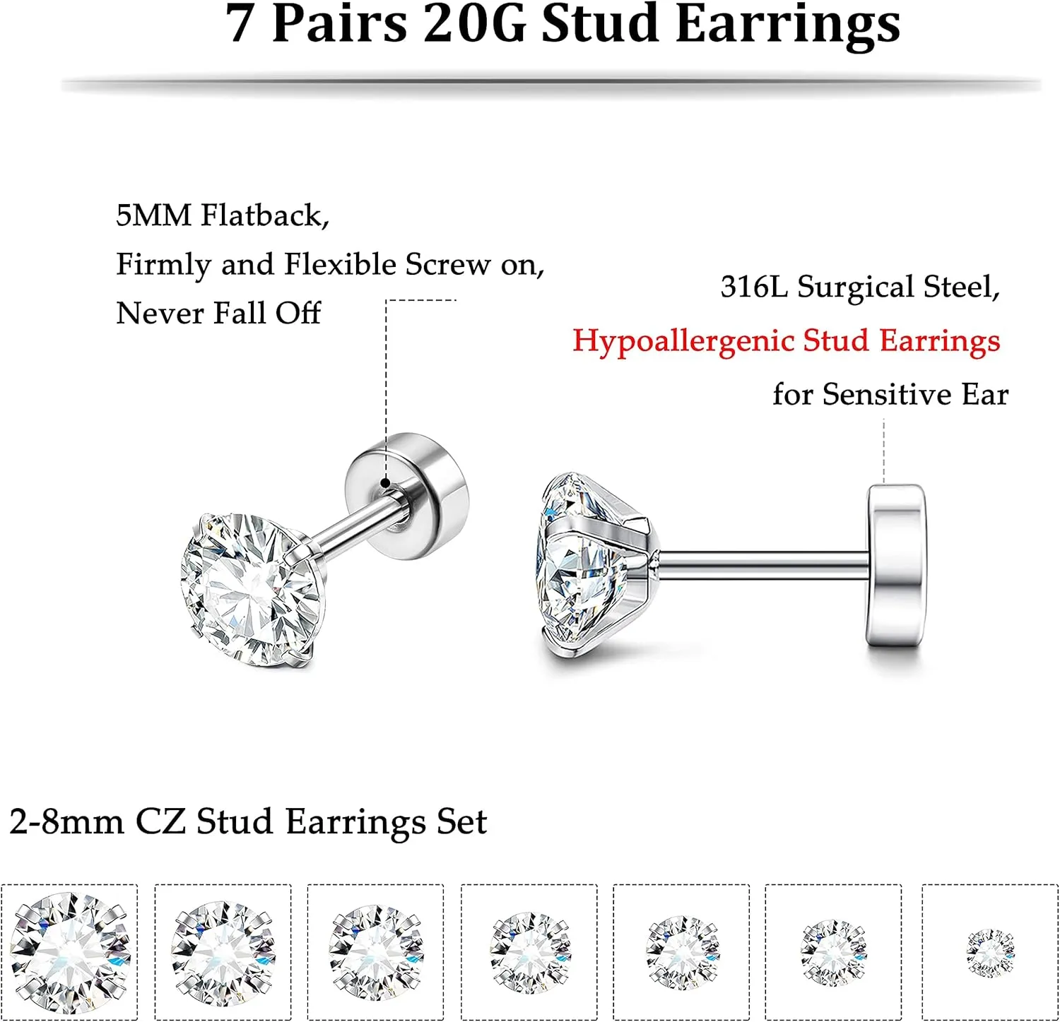 Fansilver 20G Hypoallergenic Flat Back Earrings for Women Men Silver 14K Gold Stainless Steel Stud Earrings Brithstone Cubic Zirconia Studs Surgical Steel Cartilage Earrings for Sensitive Ears