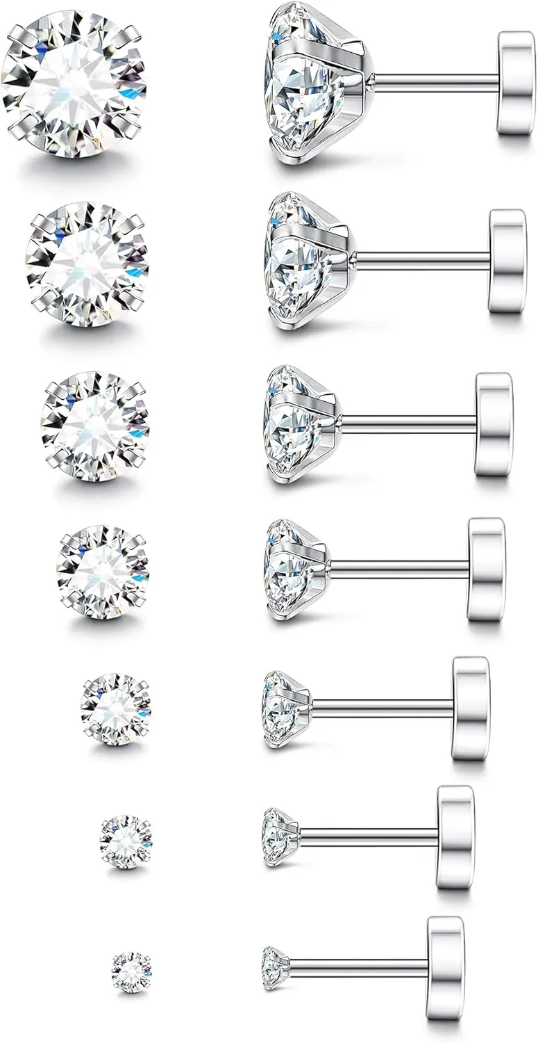 Fansilver 20G Hypoallergenic Flat Back Earrings for Women Men Silver 14K Gold Stainless Steel Stud Earrings Brithstone Cubic Zirconia Studs Surgical Steel Cartilage Earrings for Sensitive Ears