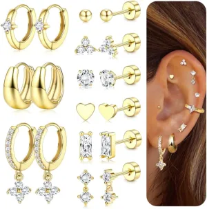 Fansilver Hypoallergenic Flat Back Earrings for Women 20G Surgical Stainless Steel Cartilage Earring Sets for Multiple Piercing Dainty Small Hoop Flatback Stud Earrings Stacks