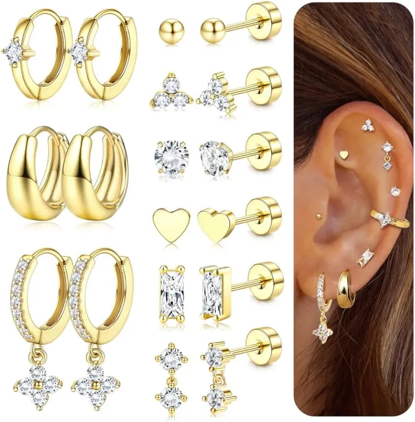 Fansilver Hypoallergenic Flat Back Earrings for Women 20G Surgical Stainless Steel Cartilage Earring Sets for Multiple Piercing Dainty Small Hoop Flatback Stud Earrings Stacks