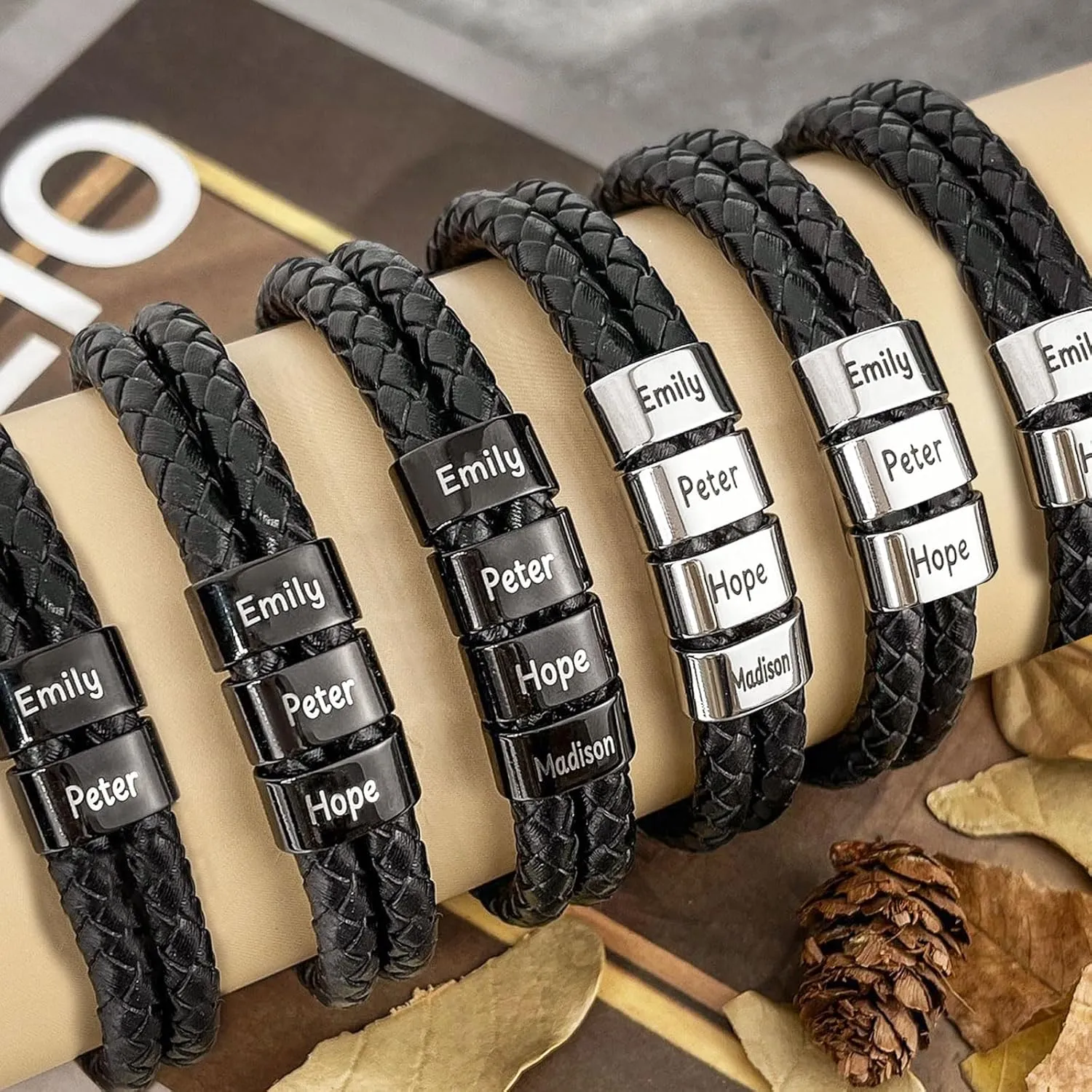 Fathers Day Gifts from Daughter Wife Son,Personalized Name Bracelet For Men,Custom Leather Braided Mens Bracelet with 2-5 Engraved Beads,Birthday Gifts for Husband Dad Grandpa,Adjustable