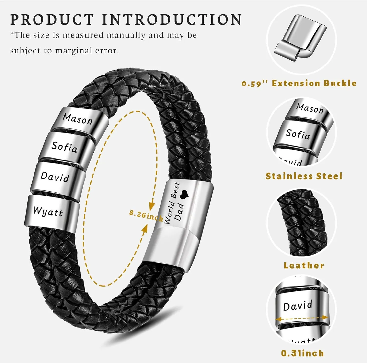 Fathers Day Gifts from Daughter Wife Son,Personalized Name Bracelet For Men,Custom Leather Braided Mens Bracelet with 2-5 Engraved Beads,Birthday Gifts for Husband Dad Grandpa,Adjustable