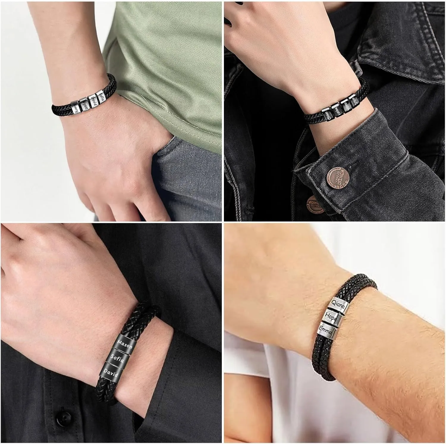 Fathers Day Gifts from Daughter Wife Son,Personalized Name Bracelet For Men,Custom Leather Braided Mens Bracelet with 2-5 Engraved Beads,Birthday Gifts for Husband Dad Grandpa,Adjustable
