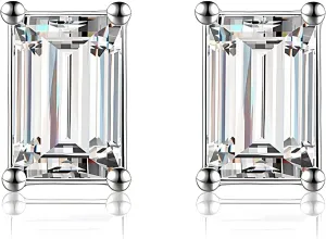 Faux Diamond Stud Earrings For Women 14k White Gold Plated Sterling Silver Cubic Zirconia Earring Studs for Men by Ginger Lyne 6mm 1 ct Emerald Cut Small Pierced Hypoallergenic Minimalist Jewelry