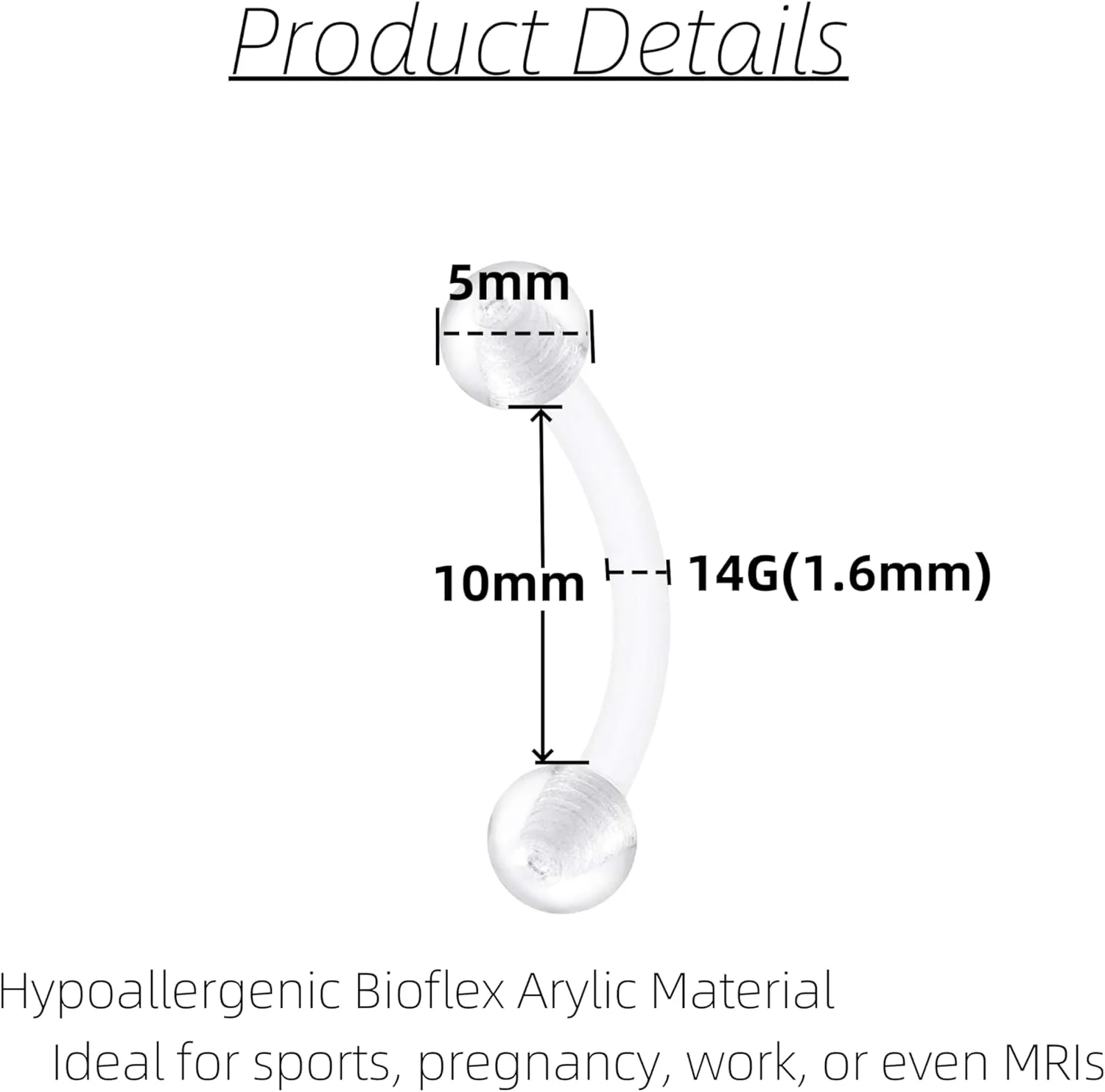 FECTAS 16G 14G Clear Flexible Plastic Daith Rook Earrings Eyebrow Rings Curved Barbells Belly Piercing Retainers 15PCS