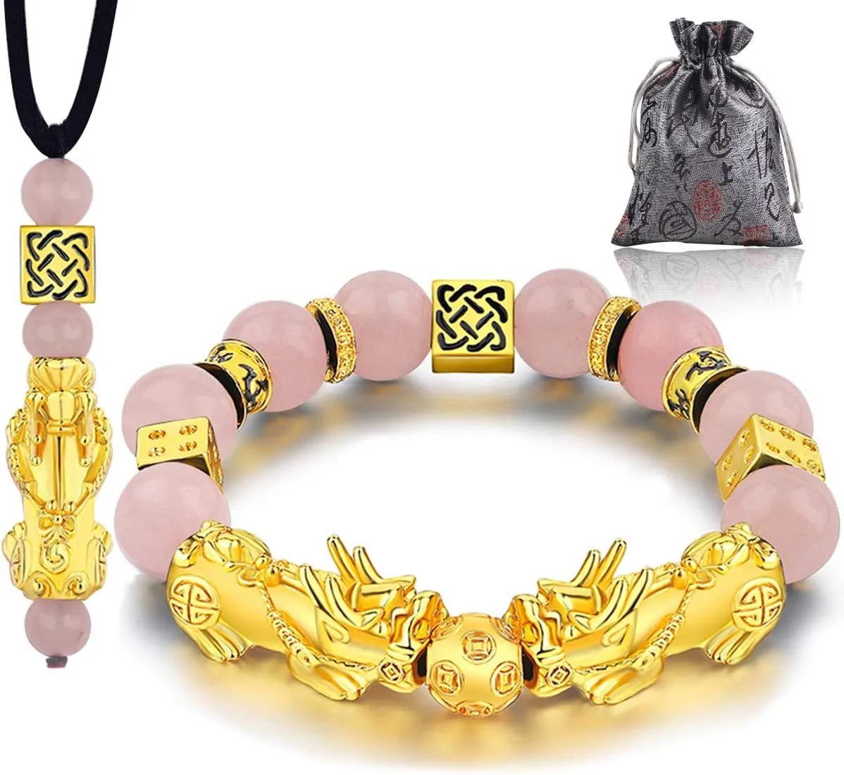 Feng Shui Bracelets for Women Men- 12mm Obsidian Aquamarine Wealth Success Pi Xiu Good Luck Bracelets Necklace Set, Christmas Birthday Gifts for Women Men