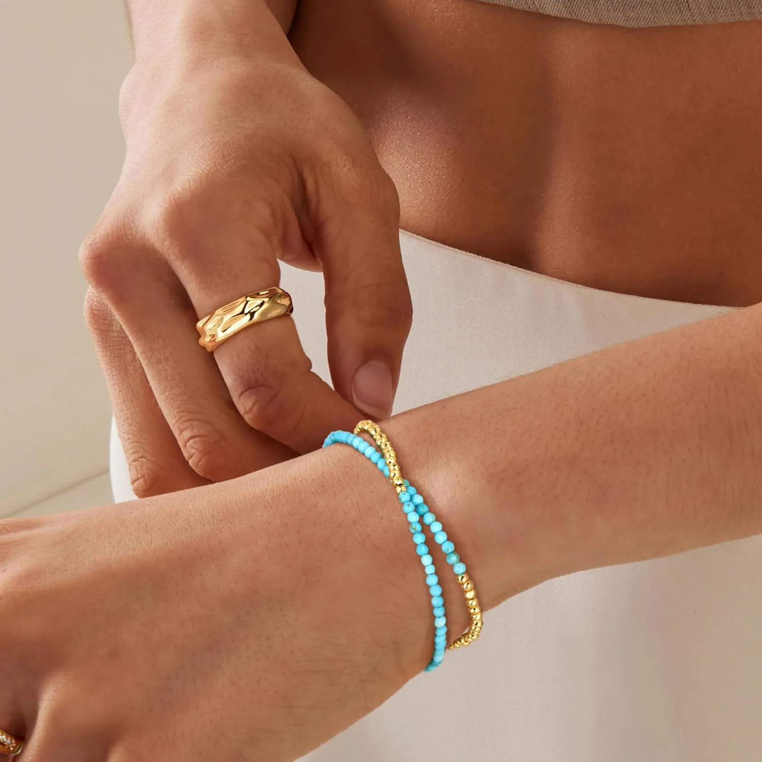Fettero Charm Bracelet for Women Trendy - Dainty Gold Bracelet Stack Cute Beads Bracelet 14K Gold Plated Layered Boho Bracelets Jewelry