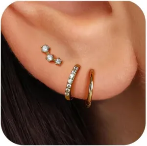 FIASASO 14K Gold Plated Earrings Set for Multiple Piercings Hypoallergenic 925 Sterling Silver Earrings for Women Dainty Gold Earrings Cartilage Stud Small Hoop Earrings Set 3cz