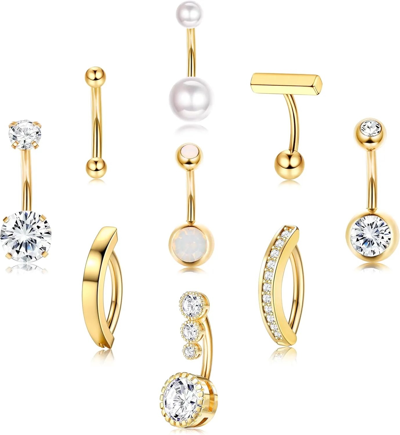 FIASASO 9 Pcs Gold Belly Button Ring - Surgical Stainless Steel CZ Opal Pearl Clicker Piercings for Women Navel Pack Silver/Gold