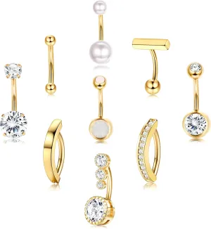 FIASASO 9 Pcs Gold Belly Button Ring - Surgical Stainless Steel CZ Opal Pearl Clicker Piercings for Women Navel Pack Silver/Gold