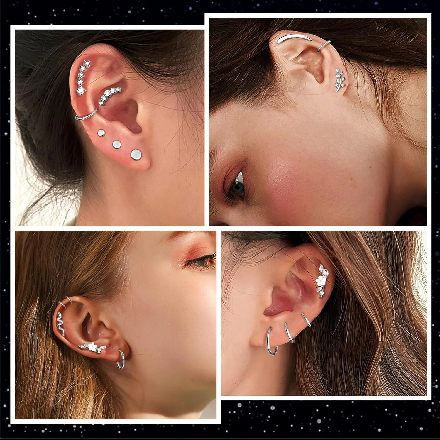 FIBO STEEL 8 PCS 16G Cartilage Earrings Helix Piercing Jewelry for Women Stainless Steel Opal CZ Conch Daith Tragus Piercing Jewelry Flower Snake Leaf Screw Back Stud Earrings Set