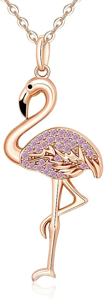 Flamingo Necklace 925 Sterling Silver Animal Bird Rose Gold Plated Crystal Jewelry Pink Flamingo Necklaces for Women Christmas Holiday Gifts