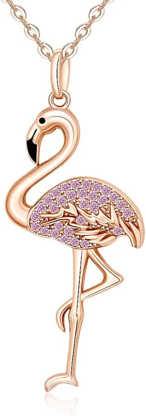 Flamingo Necklace 925 Sterling Silver Animal Bird Rose Gold Plated Crystal Jewelry Pink Flamingo Necklaces for Women Christmas Holiday Gifts