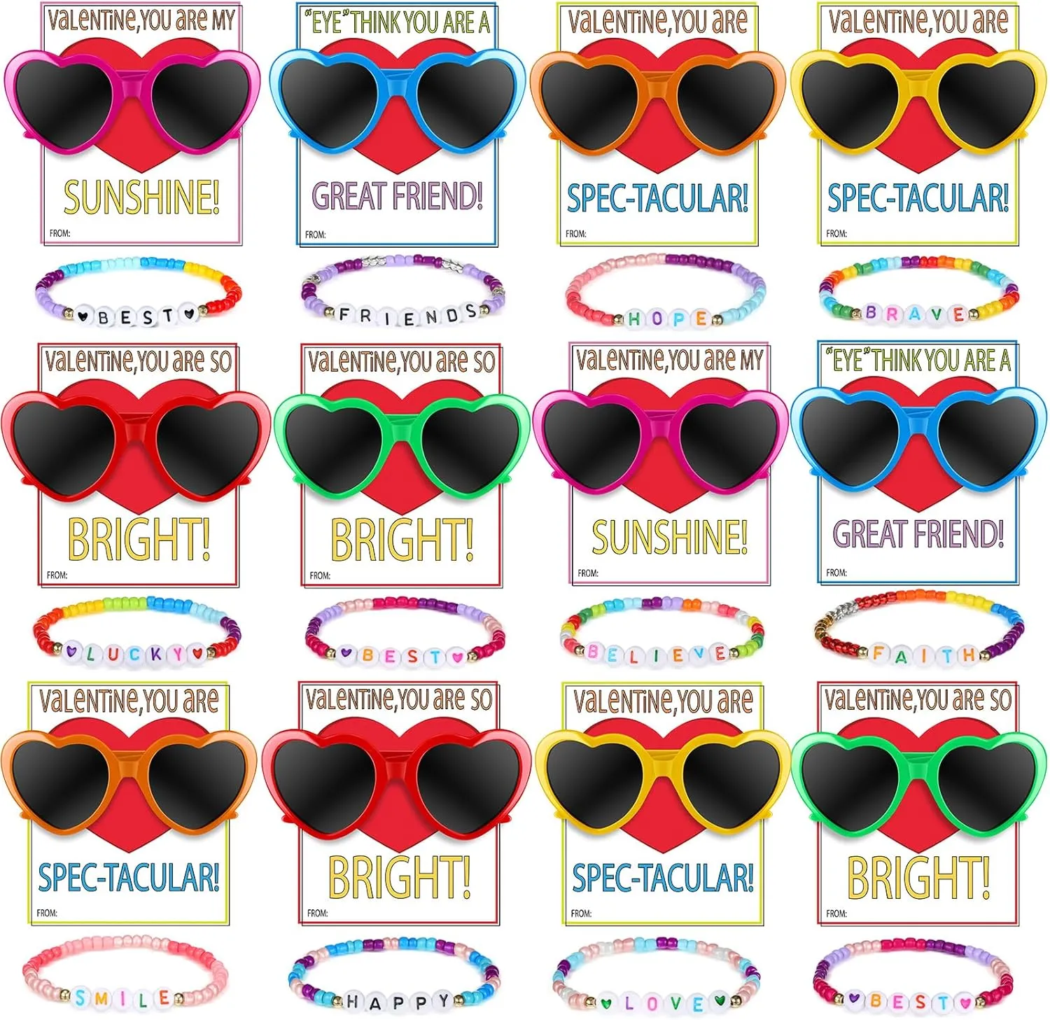 Flutesan 36 Pcs Valentine's Day Friendship Gift Set Heart Sunglasses Clay Beads Friendship Bracelet with Valentines Day Cards for Valentine Classroom Exchange Party Favors