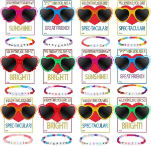 Flutesan 36 Pcs Valentine's Day Friendship Gift Set Heart Sunglasses Clay Beads Friendship Bracelet with Valentines Day Cards for Valentine Classroom Exchange Party Favors