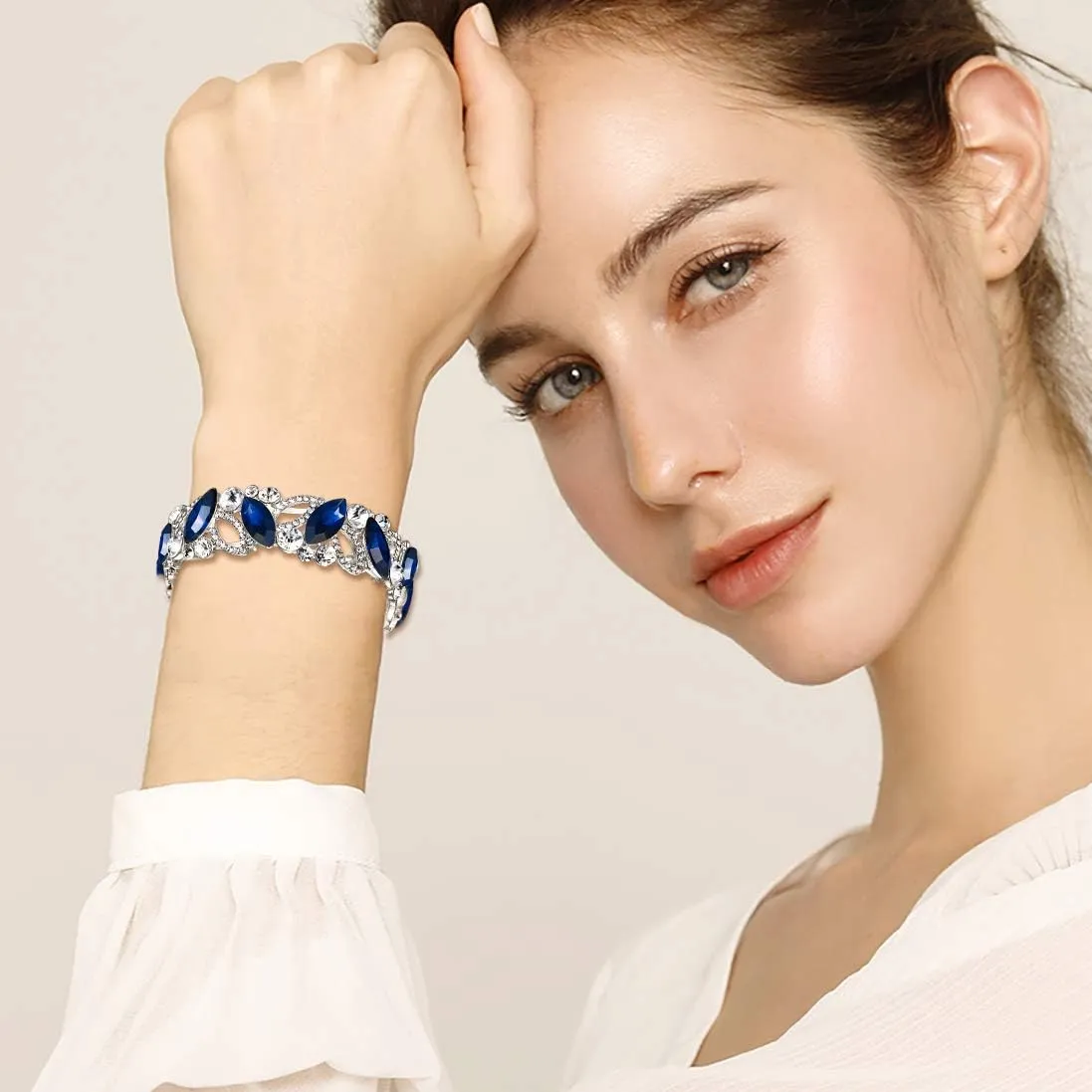 Flyonce Wedding Bridal Marquised Rhinestone Crystal Elastic Stretch Bracelets for Women