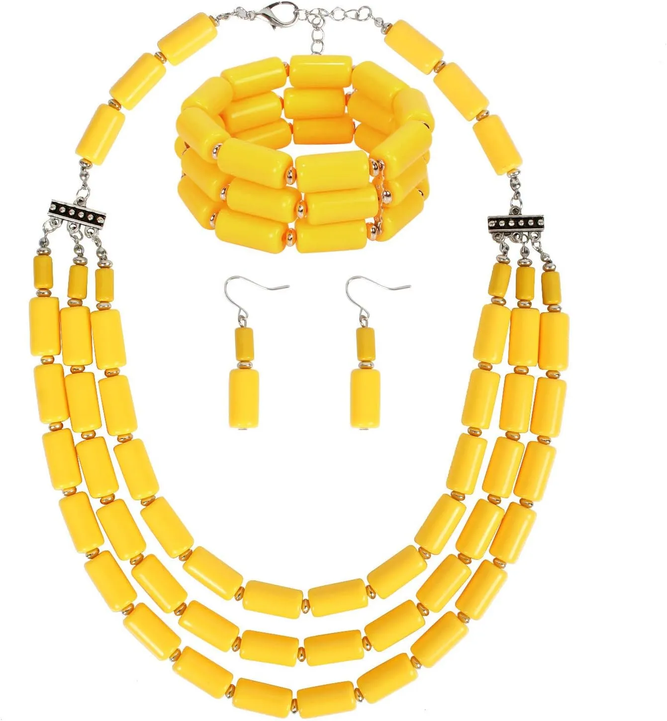 Fodattm Multi Layer Handmade Bead Strand Cluster with Necklace Bracelet and Earrings Set for Women Lady Acrylic Beads Statement Strand Necklaces