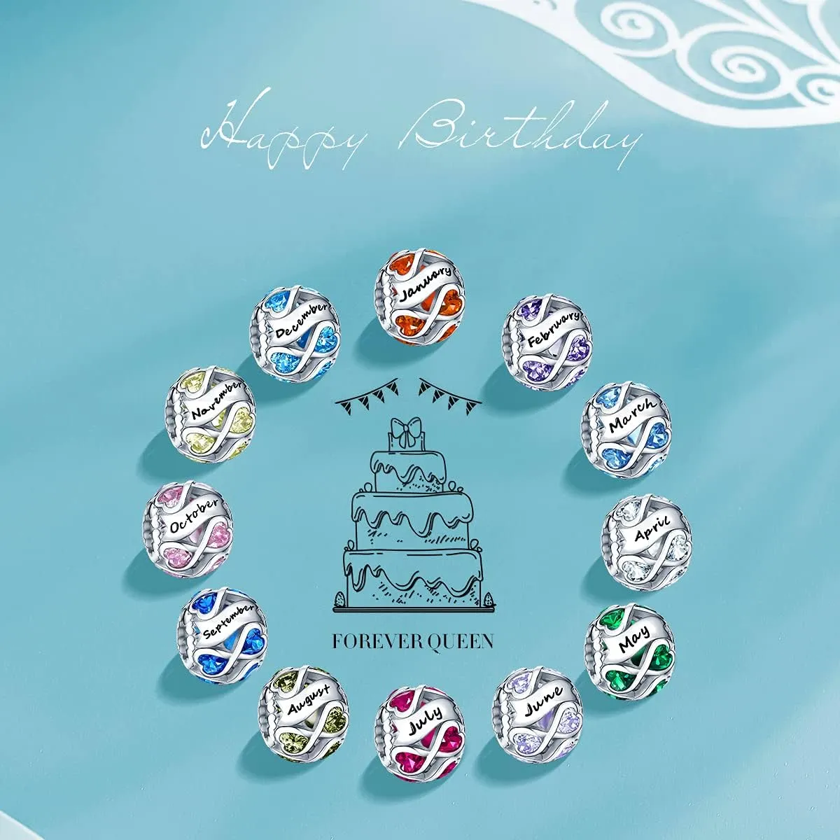 FOREVER QUEEN Birthstone Charms 925 Sterling Silver Infinite Love Heart Openwork Bead for Charm Bracelets and Necklaces with 5A Cubic Zirconia, Birthday Jewelry Gifts Women Girls