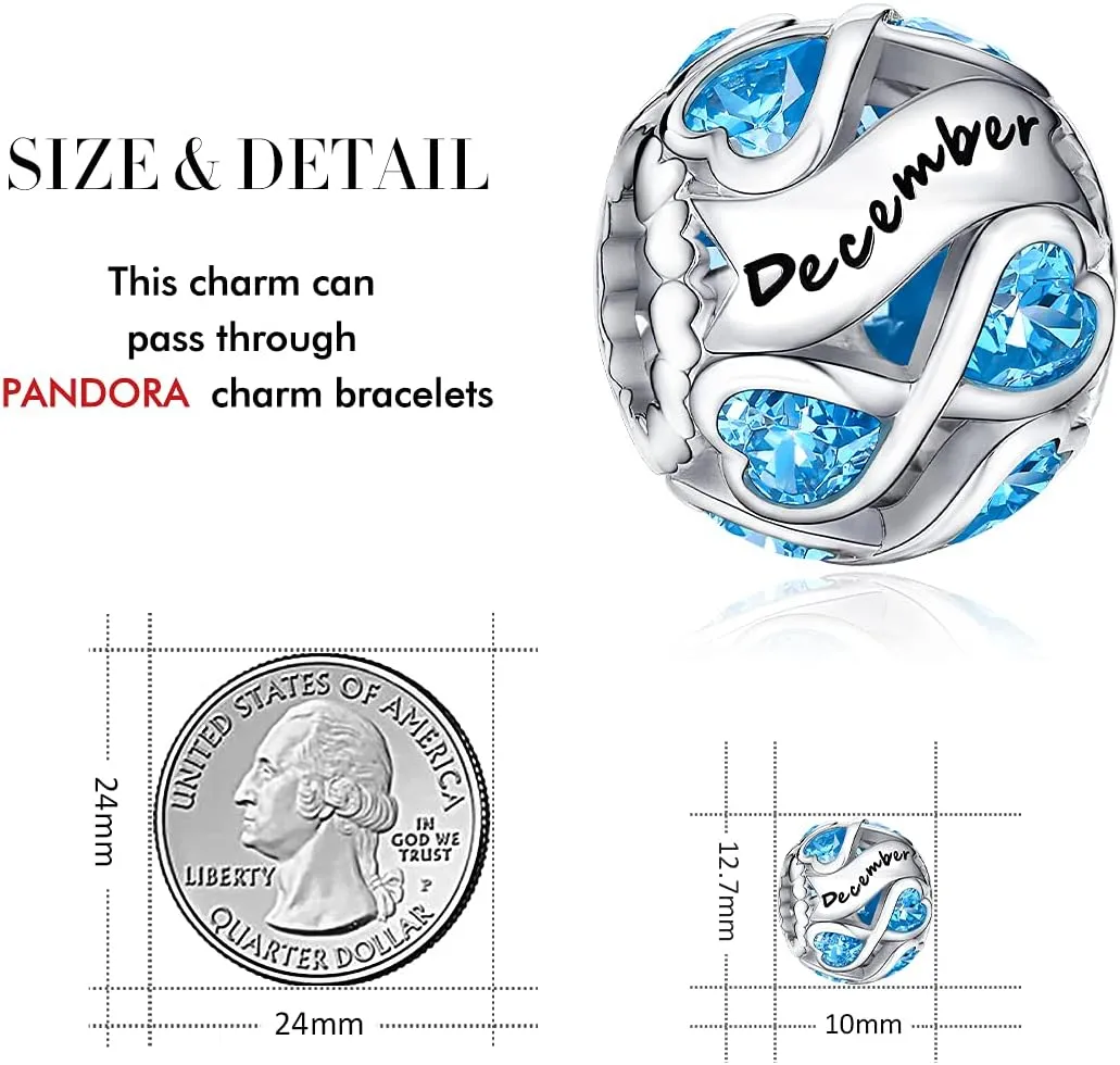 FOREVER QUEEN Birthstone Charms 925 Sterling Silver Infinite Love Heart Openwork Bead for Charm Bracelets and Necklaces with 5A Cubic Zirconia, Birthday Jewelry Gifts Women Girls