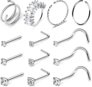 Ftovosyo 20G Surgical Steel Nose Rings Hoop for Women Men Paved CZ Flower Nose Piercing Jewelry L Shaped Nose Ring Stud Set