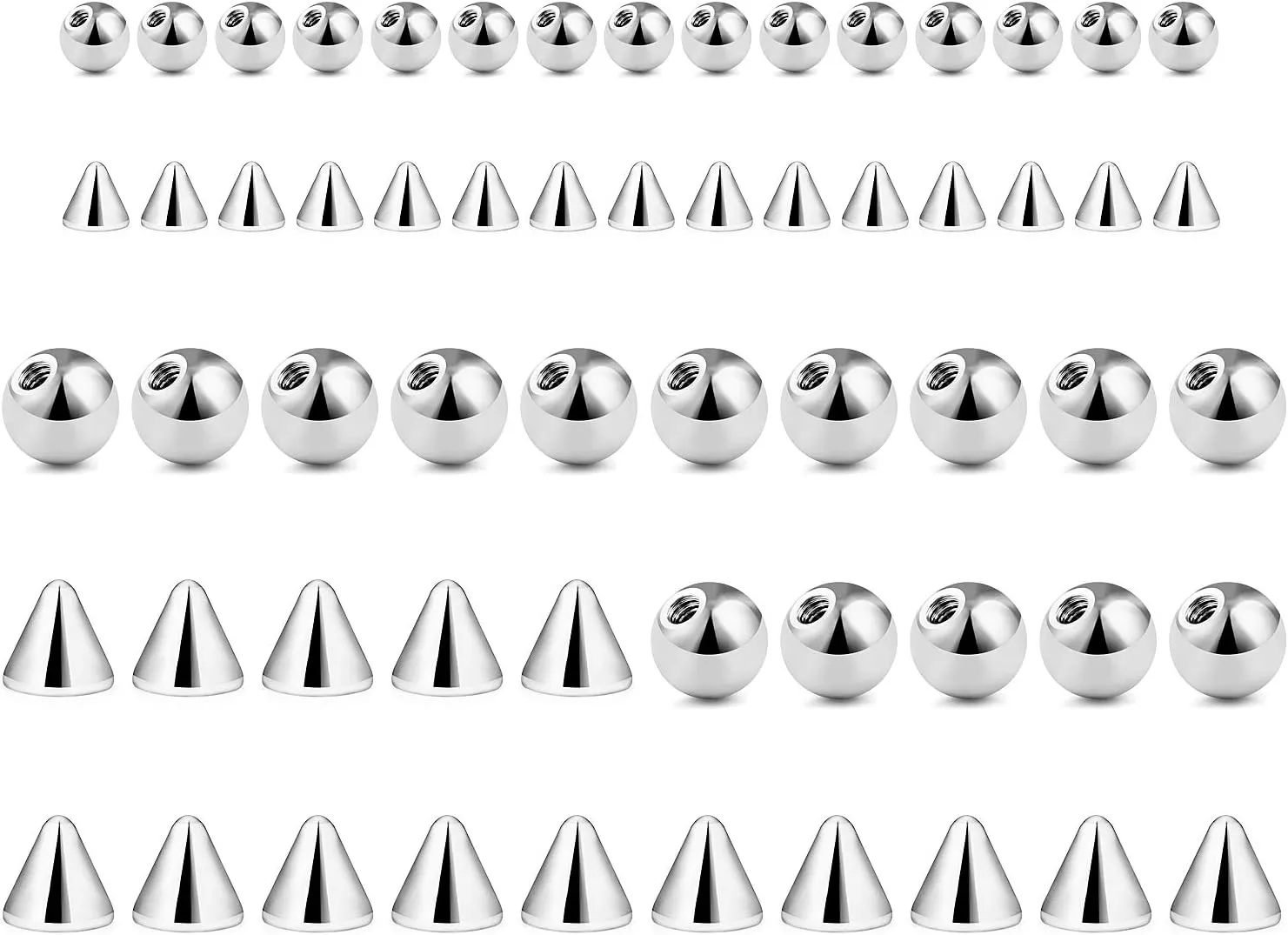 Ftovosyo 40-60PCS 14G 16G 3-6mm 316L Surgical Steel Replacement Balls Spikes Body Jewelry Piercing Barbell Parts Screw Bead for Women Men