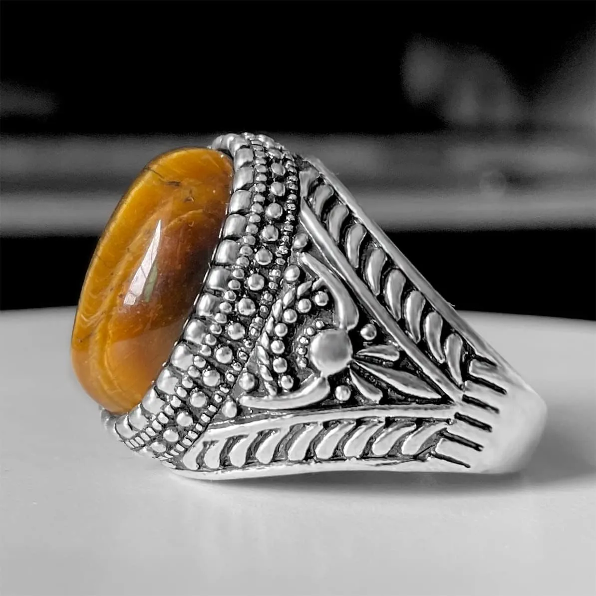 Genuine Yellow Tiger Eye Stone Ring for Men Women,Retro Vintage Quartz Crystal Gemstone Turkish Ring Jewelry for Her Him