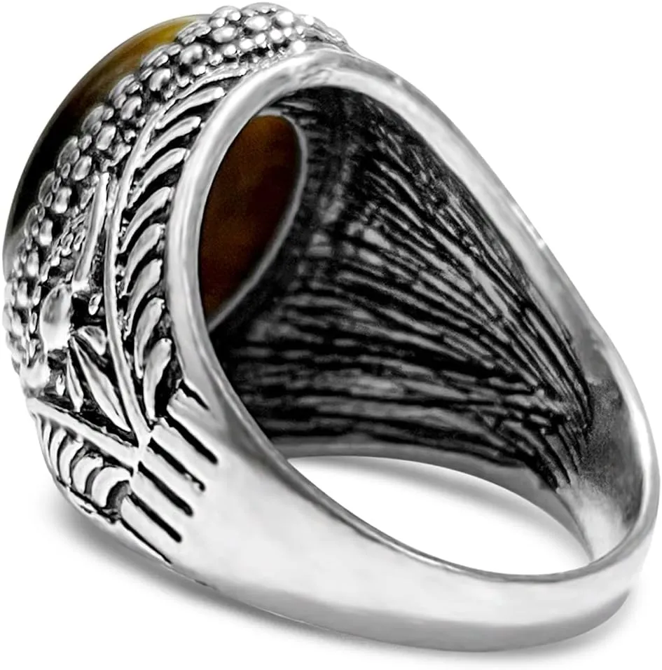 Genuine Yellow Tiger Eye Stone Ring for Men Women,Retro Vintage Quartz Crystal Gemstone Turkish Ring Jewelry for Her Him