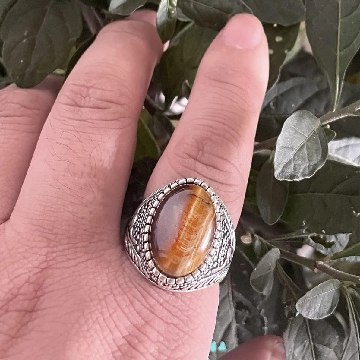 Genuine Yellow Tiger Eye Stone Ring for Men Women,Retro Vintage Quartz Crystal Gemstone Turkish Ring Jewelry for Her Him