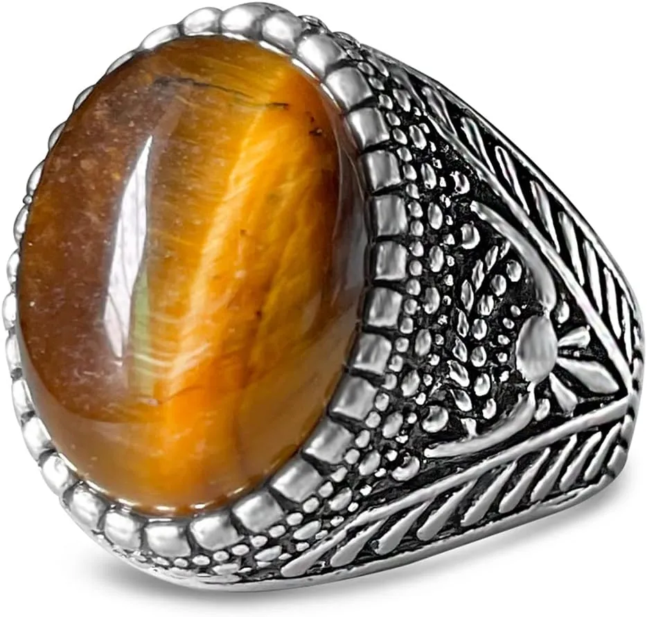 Genuine Yellow Tiger Eye Stone Ring for Men Women,Retro Vintage Quartz Crystal Gemstone Turkish Ring Jewelry for Her Him