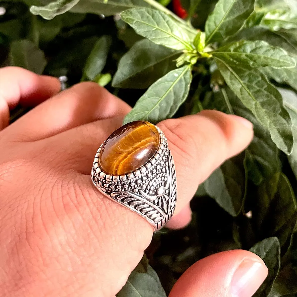 Genuine Yellow Tiger Eye Stone Ring for Men Women,Retro Vintage Quartz Crystal Gemstone Turkish Ring Jewelry for Her Him
