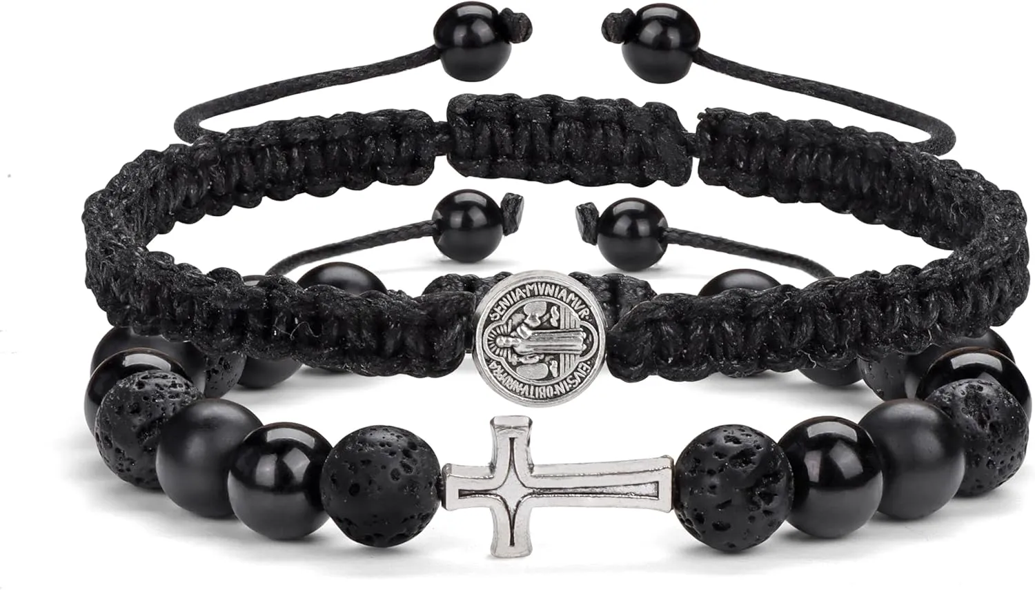 GolbalJew Cross Beaded Bracelets for Men Christian Catholic Adjustable 8mm Obsidian Hematite Lava Rock Beads Bracelet Set Father's Day Birthday Gifts
