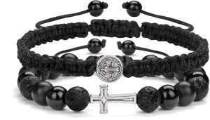 GolbalJew Cross Beaded Bracelets for Men Christian Catholic Adjustable 8mm Obsidian Hematite Lava Rock Beads Bracelet Set Father's Day Birthday Gifts