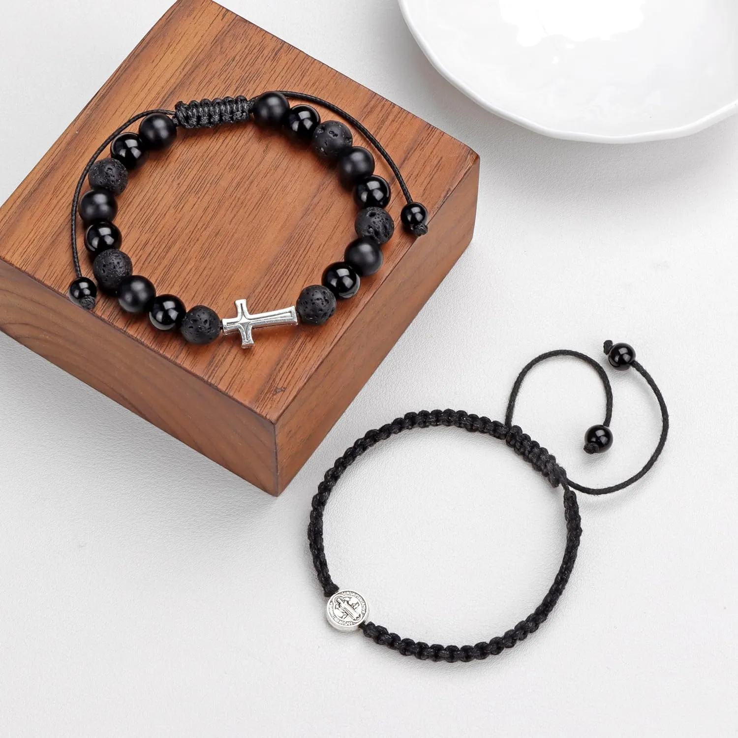 GolbalJew Cross Beaded Bracelets for Men Christian Catholic Adjustable 8mm Obsidian Hematite Lava Rock Beads Bracelet Set Father's Day Birthday Gifts