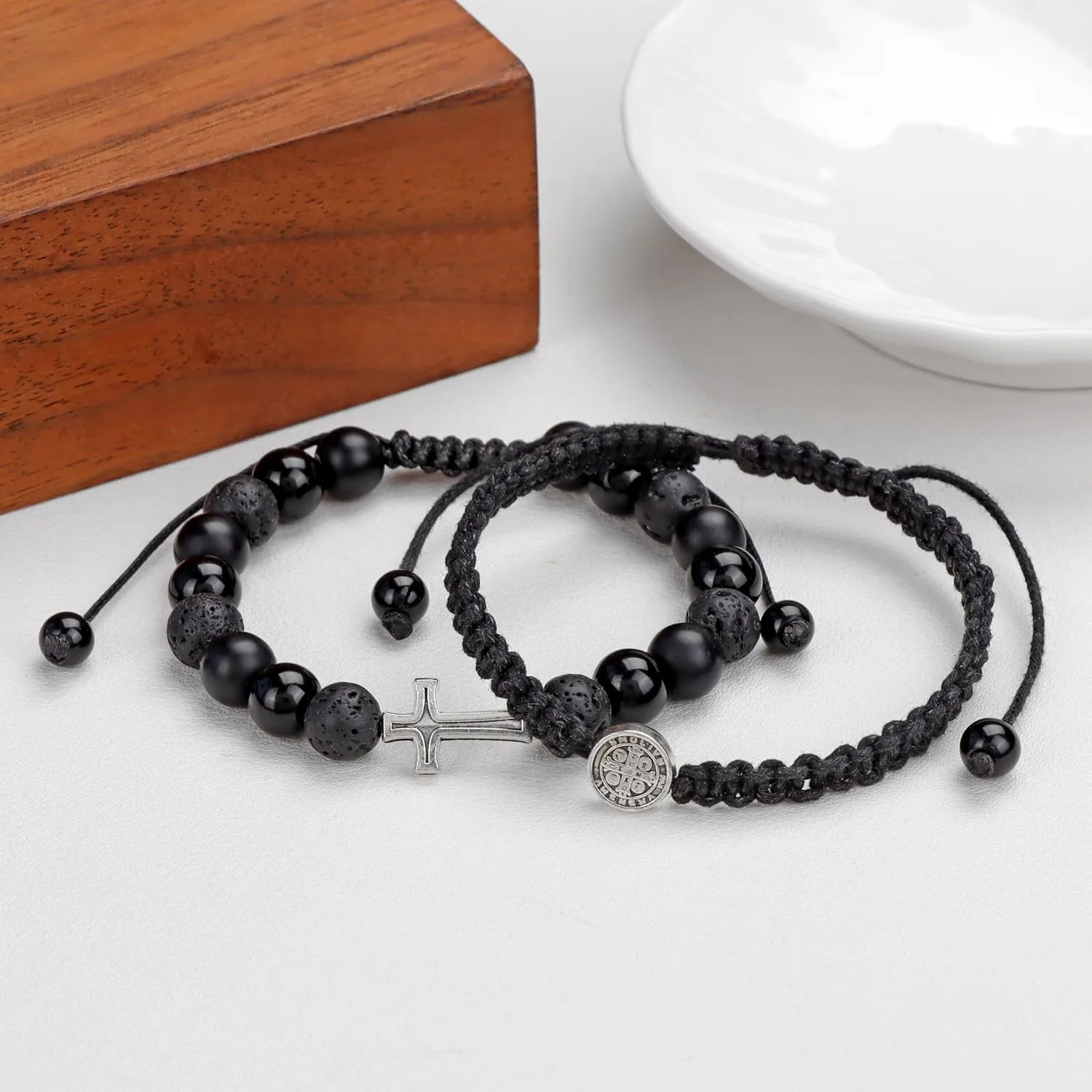 GolbalJew Cross Beaded Bracelets for Men Christian Catholic Adjustable 8mm Obsidian Hematite Lava Rock Beads Bracelet Set Father's Day Birthday Gifts