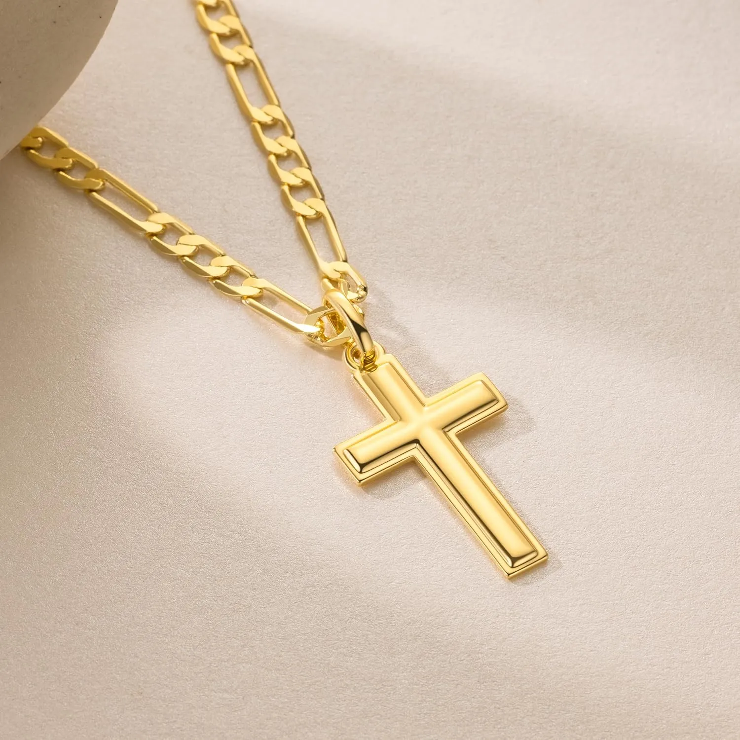 Gold Cross Necklace for Mens Cross Chain Faithful Gold Pendant for Men 3-in-1 Figaro Chain Mens Necklaces 20/22/24in