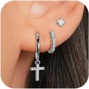 Gold Earring Set for Women Sterling Silver Earring Set for Women Trendy Women CZ Crown Huggie Cross CZ Flower Baguette Hoop U Shape Clover Butterfly Star Moon Rhombus Hoop CZ Leaf Stud Earrings Stacks Jacket for Women